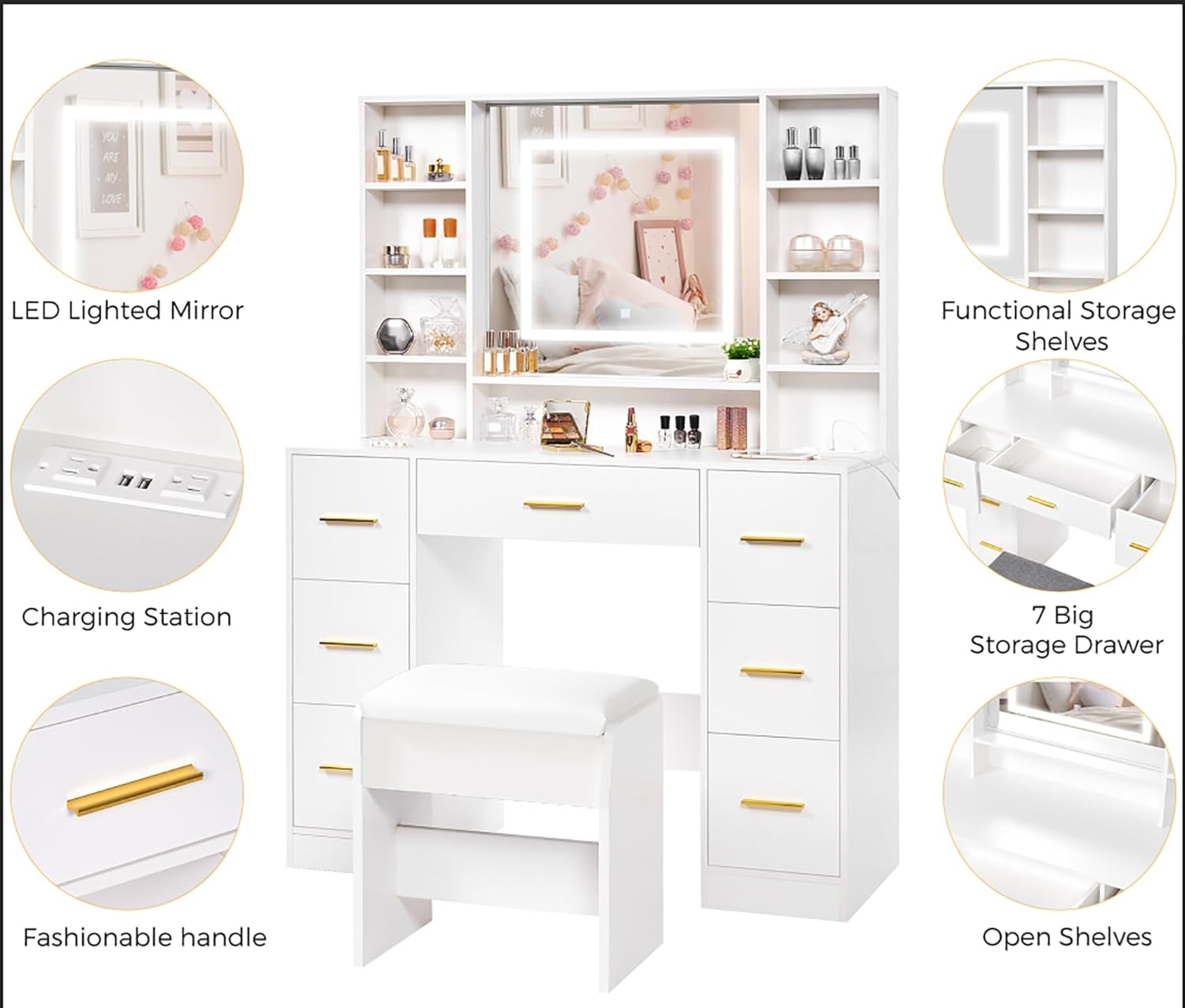 Vanity Desk Table with Lighted Mirror 39.4“ Girls Makeup Vanity with Power Outlet 3 Colors Lighting Adjustable Brightness Vanity Table for Women Bedroom Dressing Room White UBDT65W