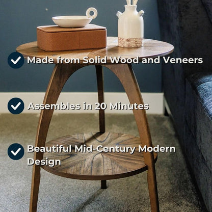 Retro Mid-Century Modern round Wood End Table, Solid Grain Side Table with Lower Shelf, Small Accent Table for Living Room or Nightstand. Nutmeg Brown.