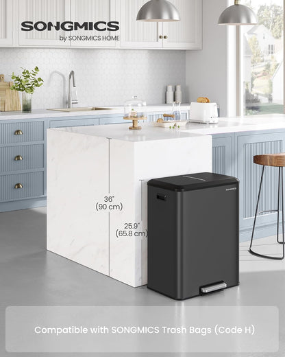 Trash Can, 2 X 8 Gallon (2 X 30 L) Double Garabge Can for Recycling and Waste, Stainless Steel, Soft-Close Lid, Inner Buckets, Wide Sturdy Pedal, Ink Black ULTB556B01