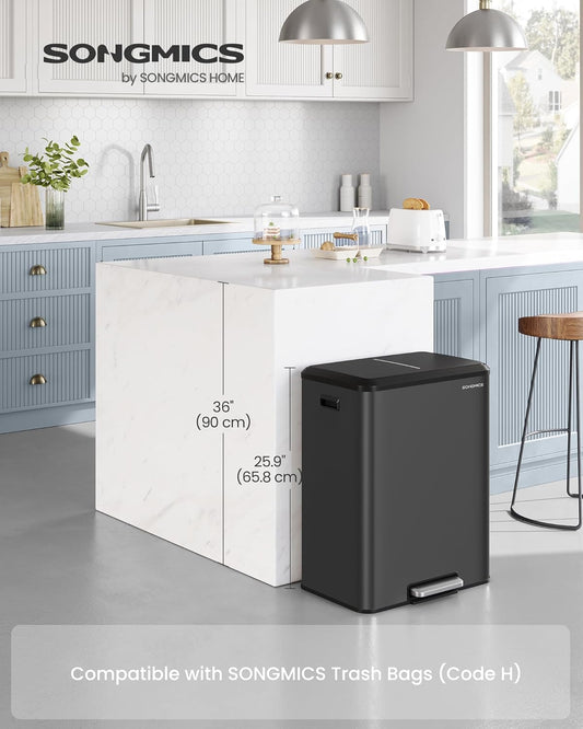Trash Can, 2 X 8 Gallon (2 X 30 L) Double Garabge Can for Recycling and Waste, Stainless Steel, Soft-Close Lid, Inner Buckets, Wide Sturdy Pedal, Ink Black ULTB556B01