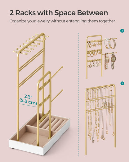 Set of 2 Jewelry Holders, Jewelry Organizers Display Stands with Metal Frame, Velvet Tray, Necklace Earring Bracelet Holders, for Studs, Rings, Gift Idea, Pale Gold UJJS021A01V1-2J