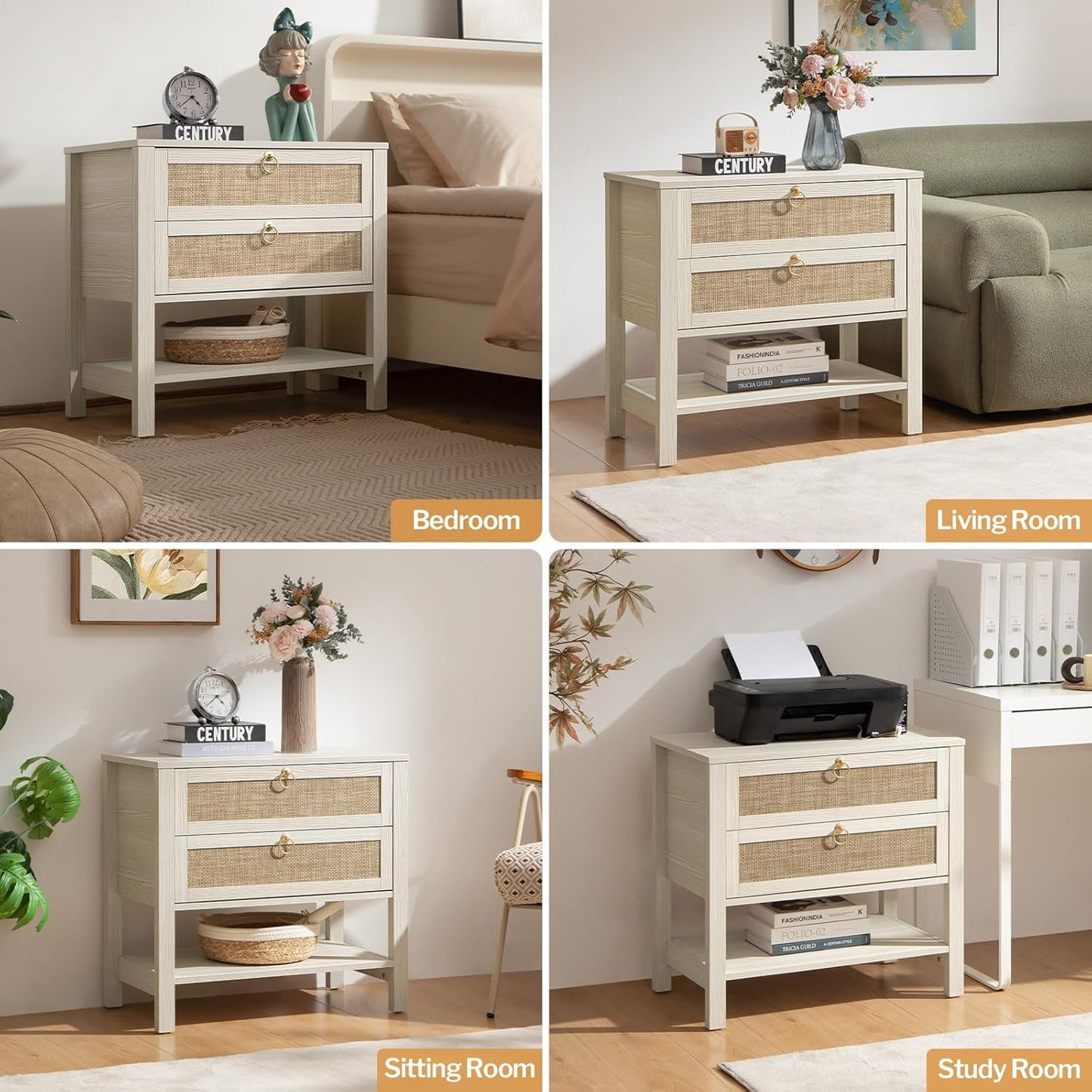 White Night Stand Set of 2, Large Nightstand with Drawers and Storage Shelf - Rattan Boho Bedside Table Narrow Side Table for Bedroom, Small Space