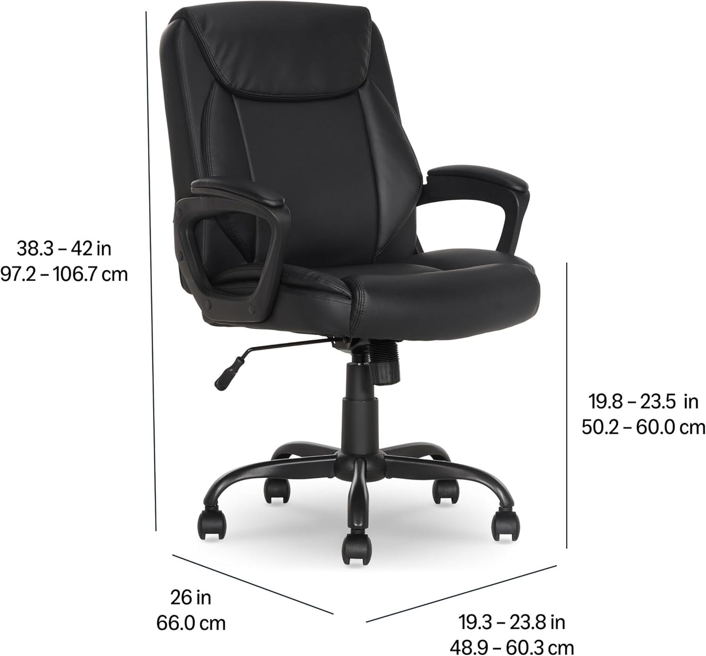 Classic Puresoft PU Padded Mid-Back Office Desk Chair with Armrest, Easy Assembly, Sturdy Metal Base, Wheels, 275Lb Support, 26"D X 23.75"W X 42"H, Black