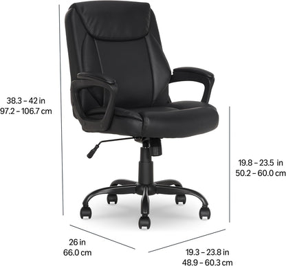 Classic Puresoft PU Padded Mid-Back Office Desk Chair with Armrest, Easy Assembly, Sturdy Metal Base, Wheels, 275Lb Support, 26"D X 23.75"W X 42"H, Black