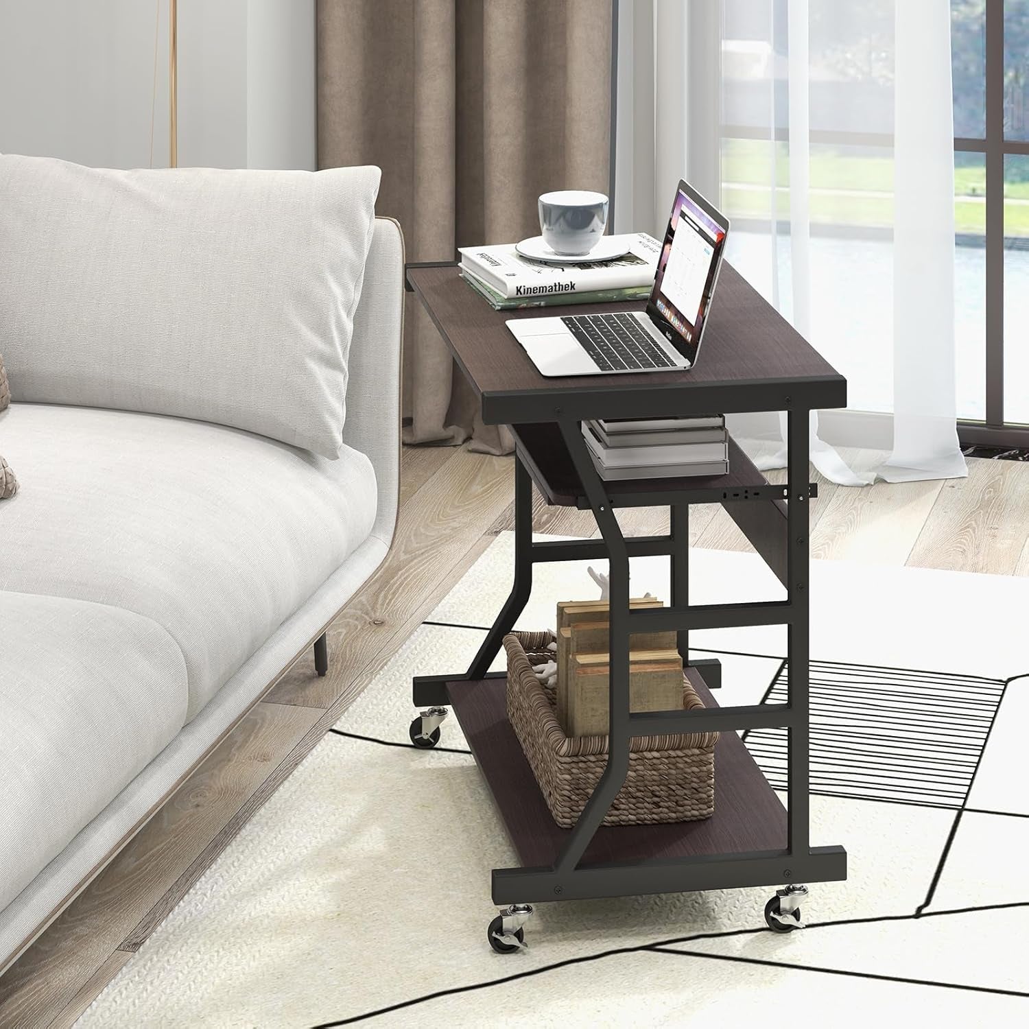 Mobile Computer Desk with Keyboard Tray, Portable Small Rolling Desk with Mouse Tray & Bottom Storage Shelf, Rolling Laptop PC Desk Cart with Lockable Wheels for Small Space (Brown)