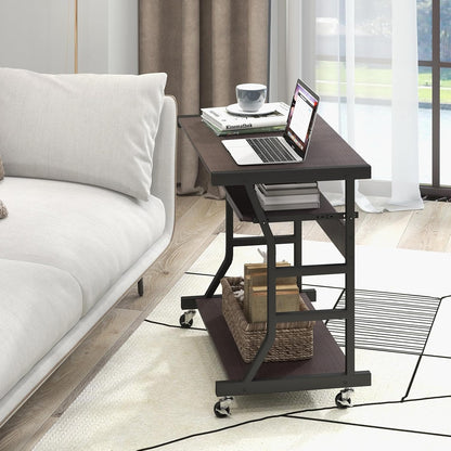 Mobile Computer Desk with Keyboard Tray, Portable Small Rolling Desk with Mouse Tray & Bottom Storage Shelf, Rolling Laptop PC Desk Cart with Lockable Wheels for Small Space (Brown)