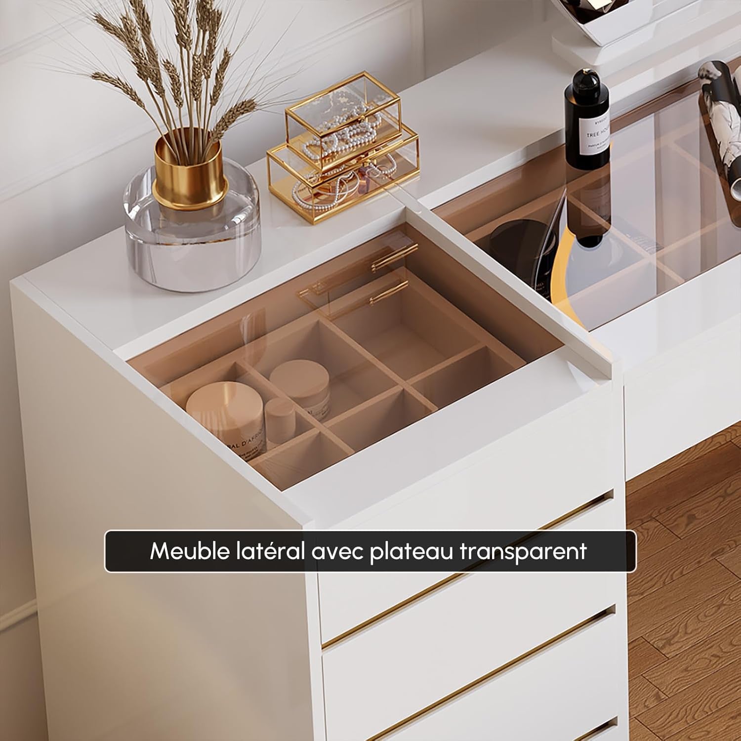 Vanity Desk Set with LED Mirror, Makeup Vanity with Power Outlet and Tempered Glass Top, Makeup Table with 6 Drawers, 3 Lighting Modes Vanity Table with Chair for Bedroom (White)