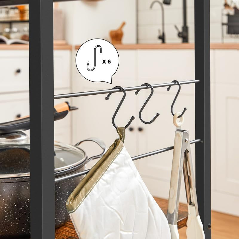 Bakers Rack, Kitchen Shelf, Kitchen Island, Microwave Oven Stand with 3 Open Shelves, 6 Hooks, Metal Frame, 15.7 X 31.5 X 35.4 Inches, Industrial, Rustic Brown and Black UKKI002B01