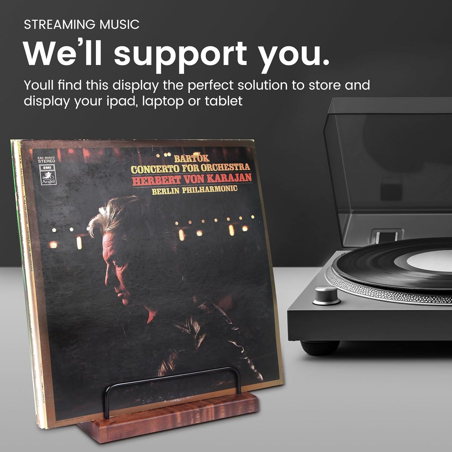 Now Playing Vinyl Record Holder, Solid Wood Stand, Tabletop Display for Albums, Cds, Ipads, Singles and Lps (Walnut)