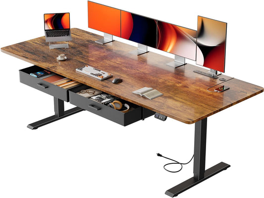 Electric Standing Desk, Extra Large 79 X 31.5 Inches Height Adjustable Table with Outlets, Sit Stand Computer Desk with Drawers for Home Office, Ergonomic Rising Workstation, Rustic Brown