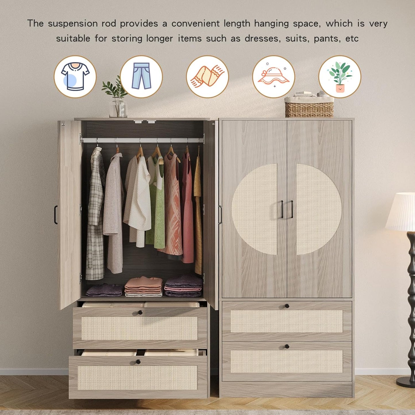 Modern Boho Wardrobe Closet Wiht 2 Drawers, 65" H Large Wooden Bedroom Armoires with Rattan Door & Hanging Rod, Freestanding Clothing Storage Cabinet for Dormitory, Apartment, Cloak Room