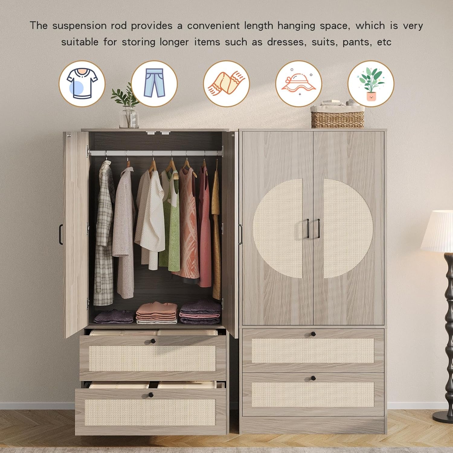 Modern Boho Wardrobe Closet Wiht 2 Drawers, 65" H Large Wooden Bedroom Armoires with Rattan Door & Hanging Rod, Freestanding Clothing Storage Cabinet for Dormitory, Apartment, Cloak Room