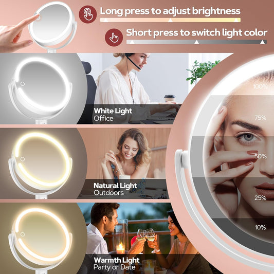 Makeup Mirror with Lights, Lighted Magnifying Mirror 30X with 3 Lighting and Adjustable Brightness, 2-Sided Height Adjustable Vanity Mirror for Bathroom, Gifts for Women White