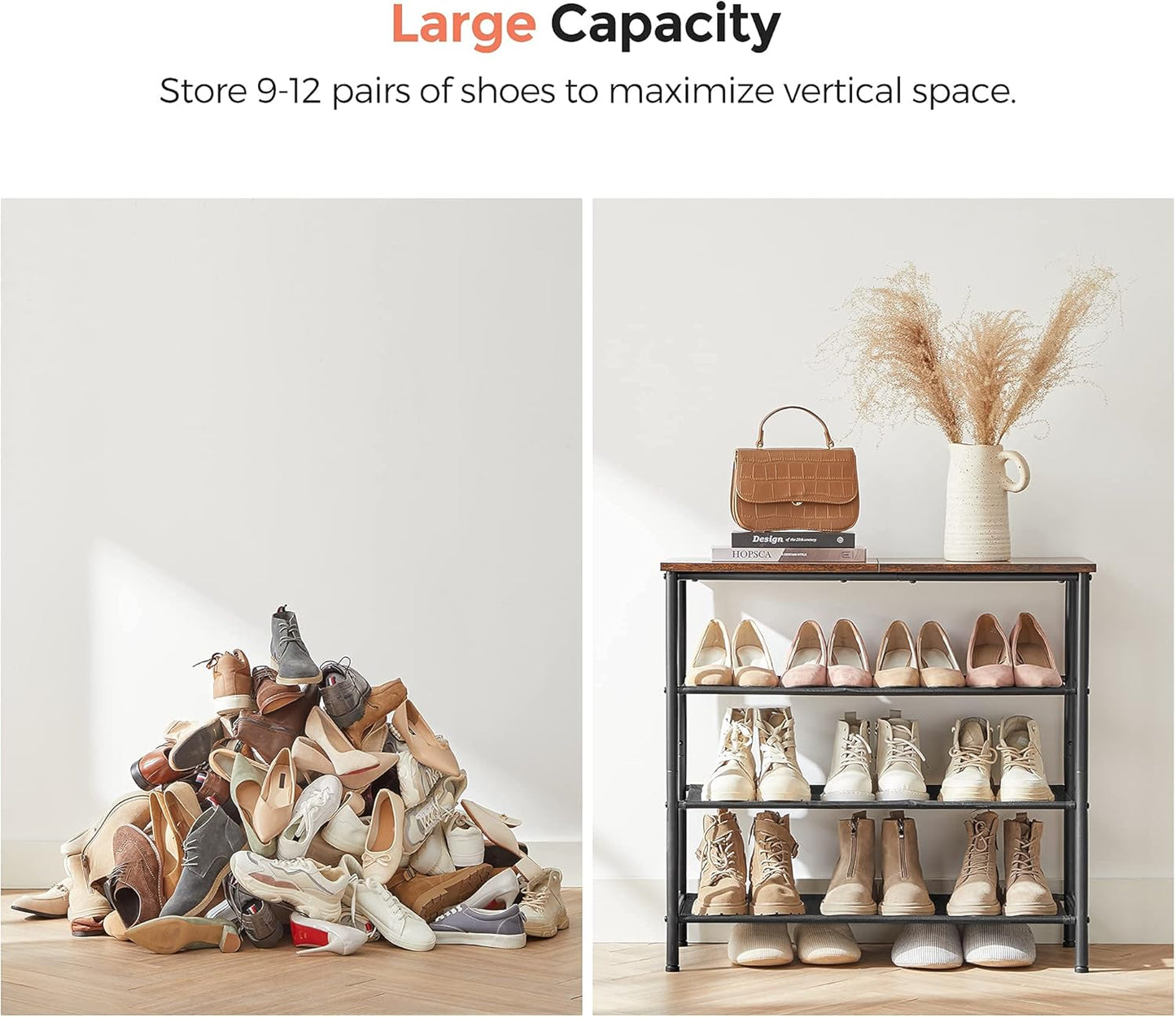 Shoe Rack, 4-Tier Shoe Storage Organizer for Entryway and Closet, Holds 9-12 Pairs of Shoes, 3 Fabric Shelves, Steel Frame, Industrial, Rustic Brown and Black ULBS035B01