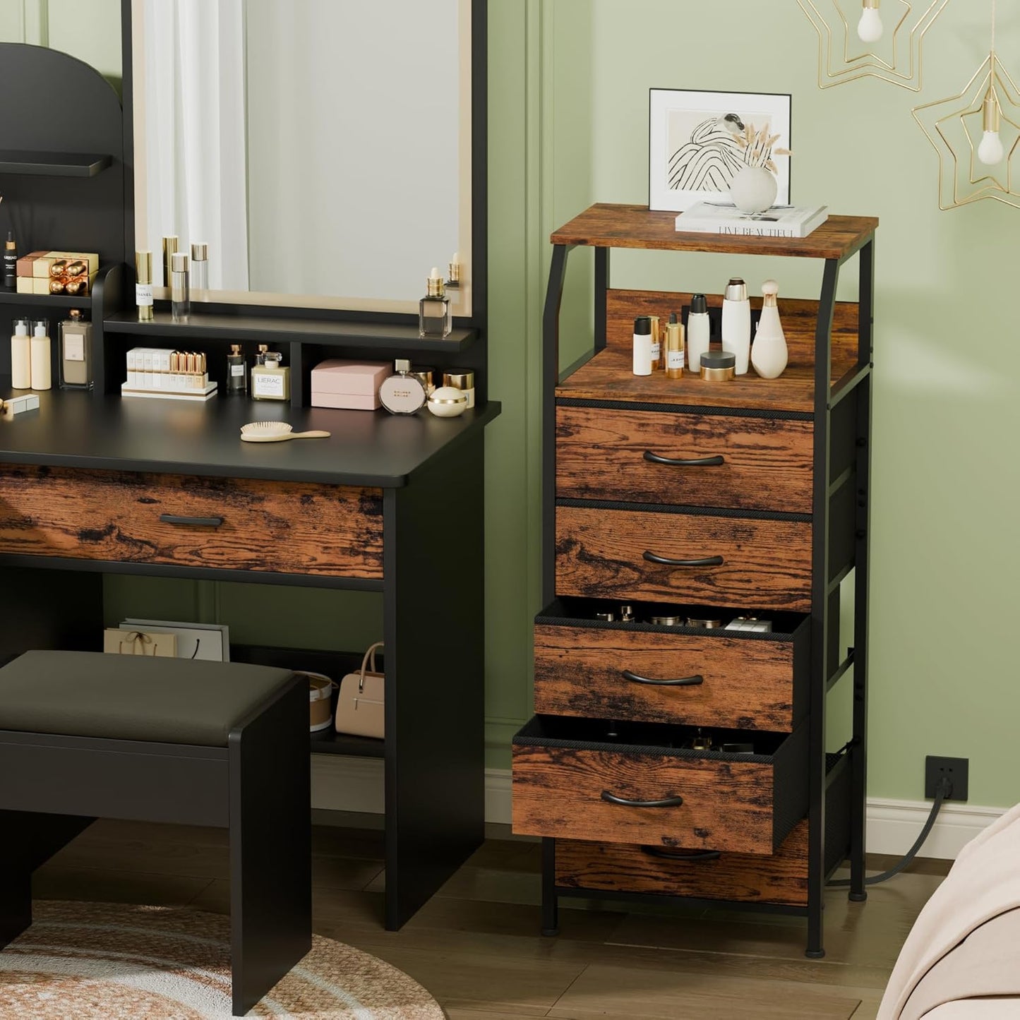 5 Drawers Dresser with Charging Station, Tall Night Stand with Storage Shelf, Fabric Chest of Drawers, Bedside Table for Closet, Entryway, Bedroom Furniture, 3 Ways to Use, Rustic Brown