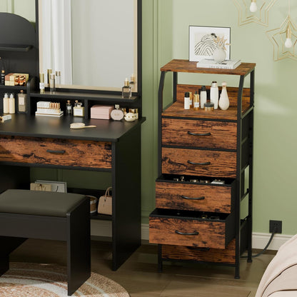 5 Drawers Dresser with Charging Station, Tall Night Stand with Storage Shelf, Fabric Chest of Drawers, Bedside Table for Closet, Entryway, Bedroom Furniture, 3 Ways to Use, Rustic Brown