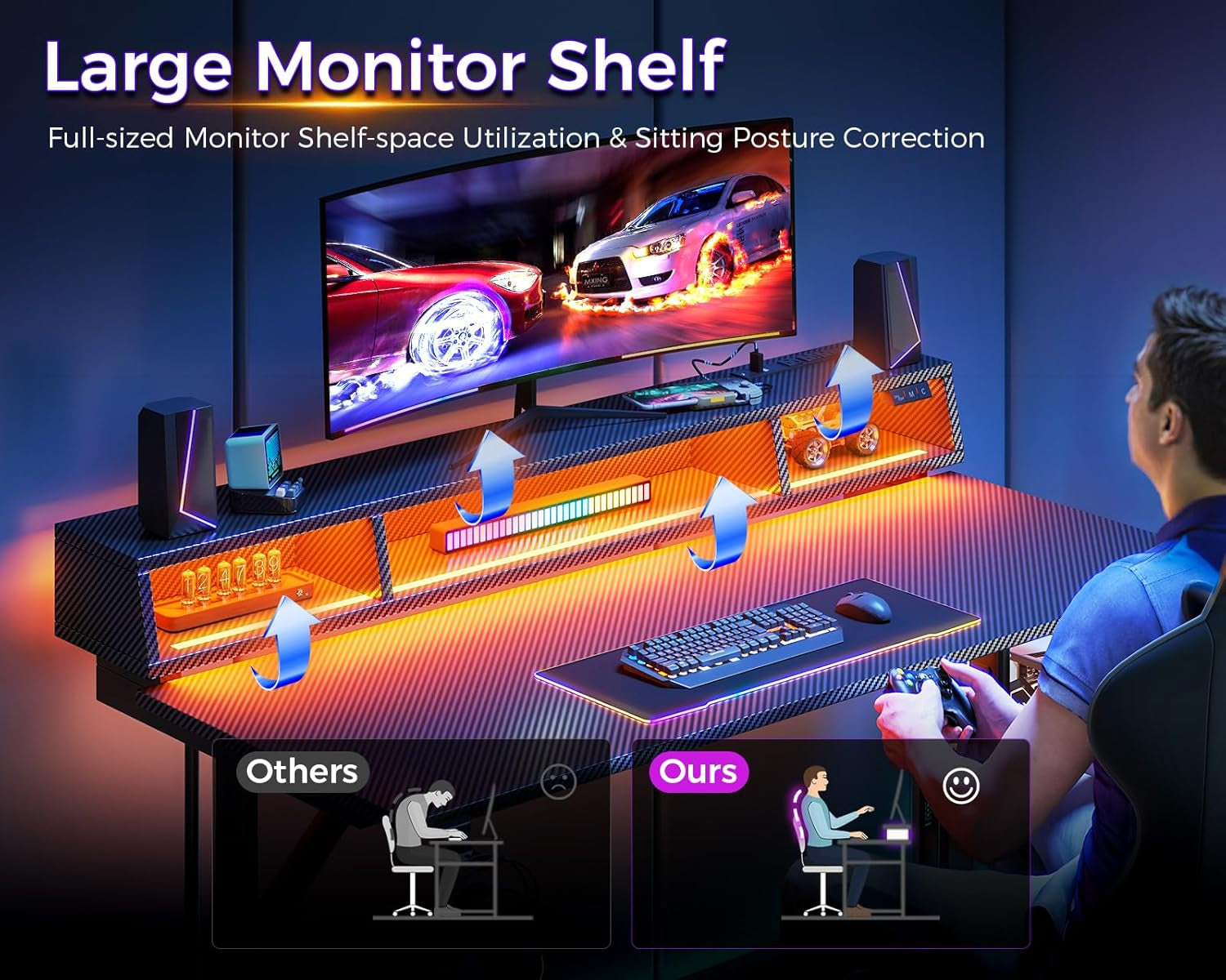 48 Inch Gaming Desk with LED Lights & Power Outlets, Small Computer Gaming Table with Float Monitor Stand, Kids Boys Desk with Carbon Fiber Texture