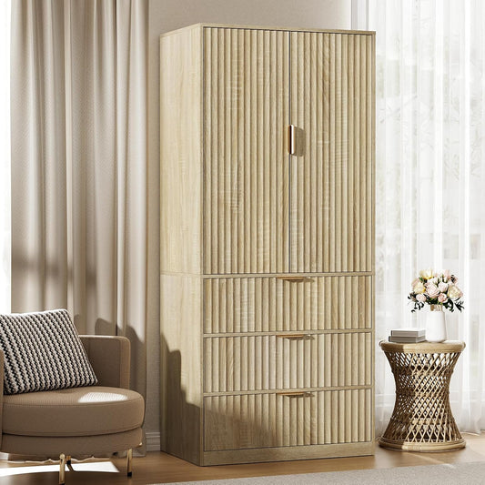 Armoire Wardrobe Closet with Doors and Mirror, 71" Clothing Storage Cabinet with Hanging Rod, 3 Dreawers Wardrobe Cabinet for Bedroom, Cloak Room (Oak)