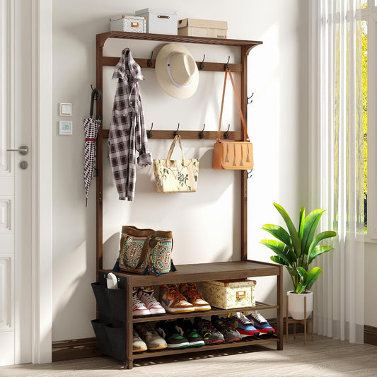 Hall Tree with Bench and Shoe Storage, Entryway Bench with Shoe Storage, 6-In-1 Coat Rack with Cloth Bag And14 Coat Hooks, Sturdy Bamboo Frame, Large Size, Brown 39 * 15 * 70 Inches