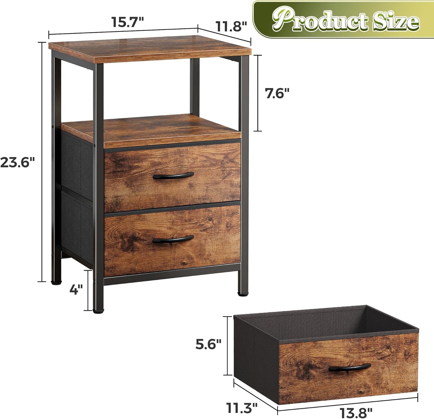 Night Stand Set of 2, Nightstand with 2 Drawers, Bed Side Table with Open Shelf, Wooden Top, End Table, Fabric Drawer, for Bedroom, Rustic Brown