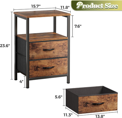 Night Stand Set of 2, Nightstand with 2 Drawers, Bed Side Table with Open Shelf, Wooden Top, End Table, Fabric Drawer, for Bedroom, Rustic Brown