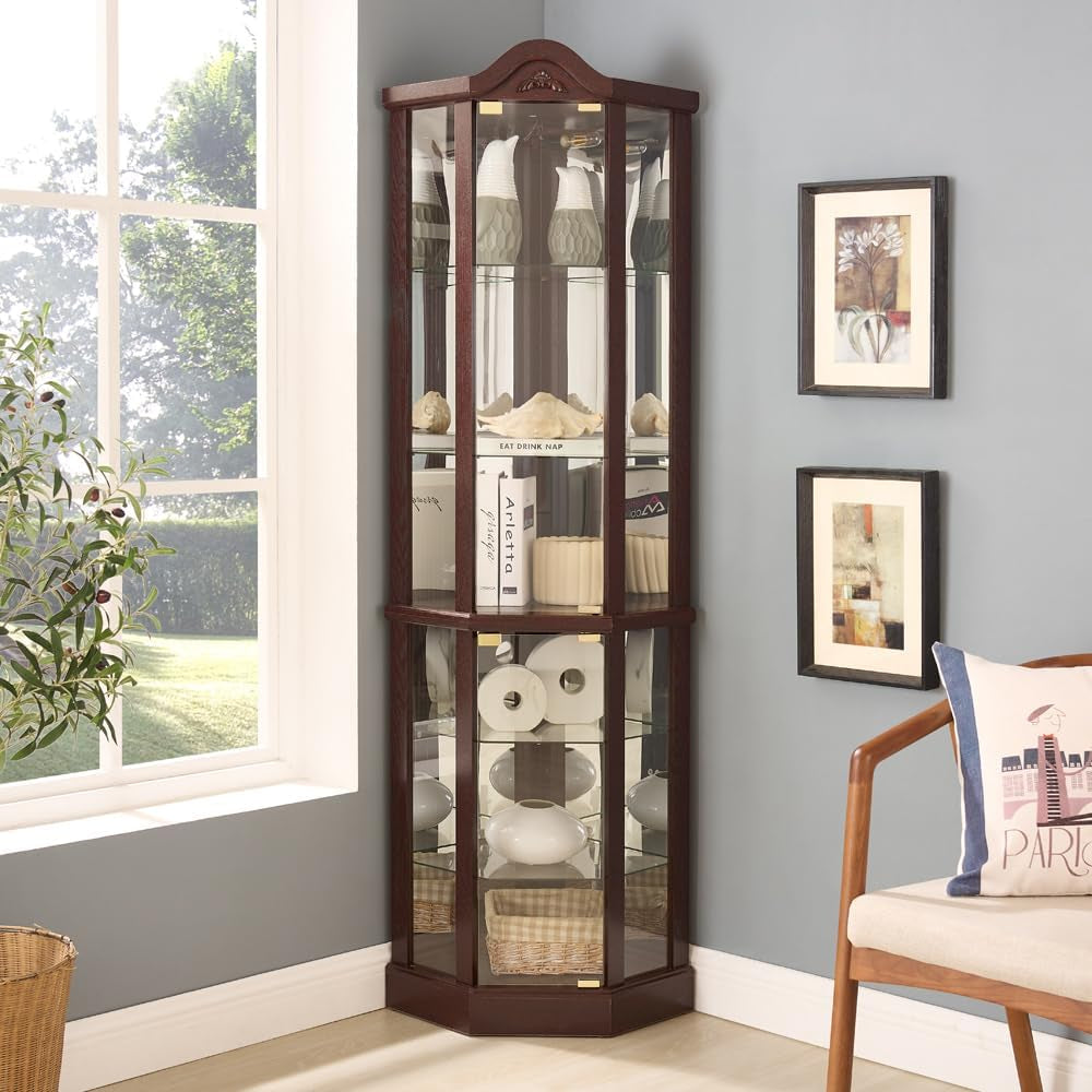 72" Corner Glass Display Cabinet with Adjustable Shelves, for Collectibles, Storage Curio Cabinet with Arched Floral Carving Decoration, 6-Tier Showcase Display Case, for Living Room, Cherry