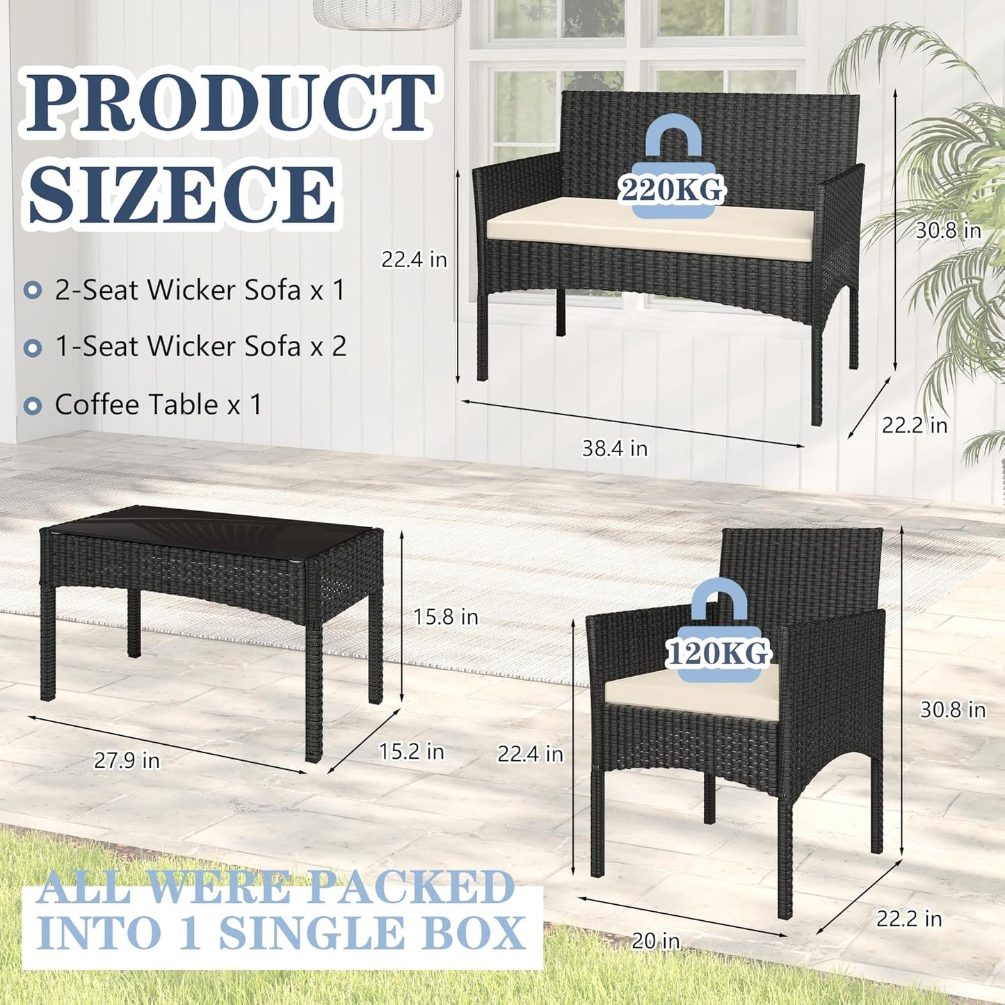 4 Pieces Patio Furniture Set, Outdoor Wicker Rattan Patio Conversation Furniture Set with Waterproof Cushion and Table for Lawn Backyard, Garden, Balcony, Porch and Poolside (Black)