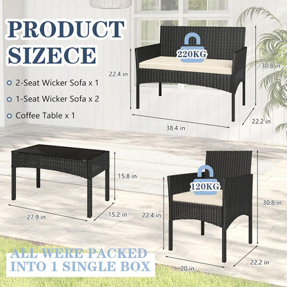 4 Pieces Patio Furniture Set, Outdoor Wicker Rattan Patio Conversation Furniture Set with Waterproof Cushion and Table for Lawn Backyard, Garden, Balcony, Porch and Poolside (Black)
