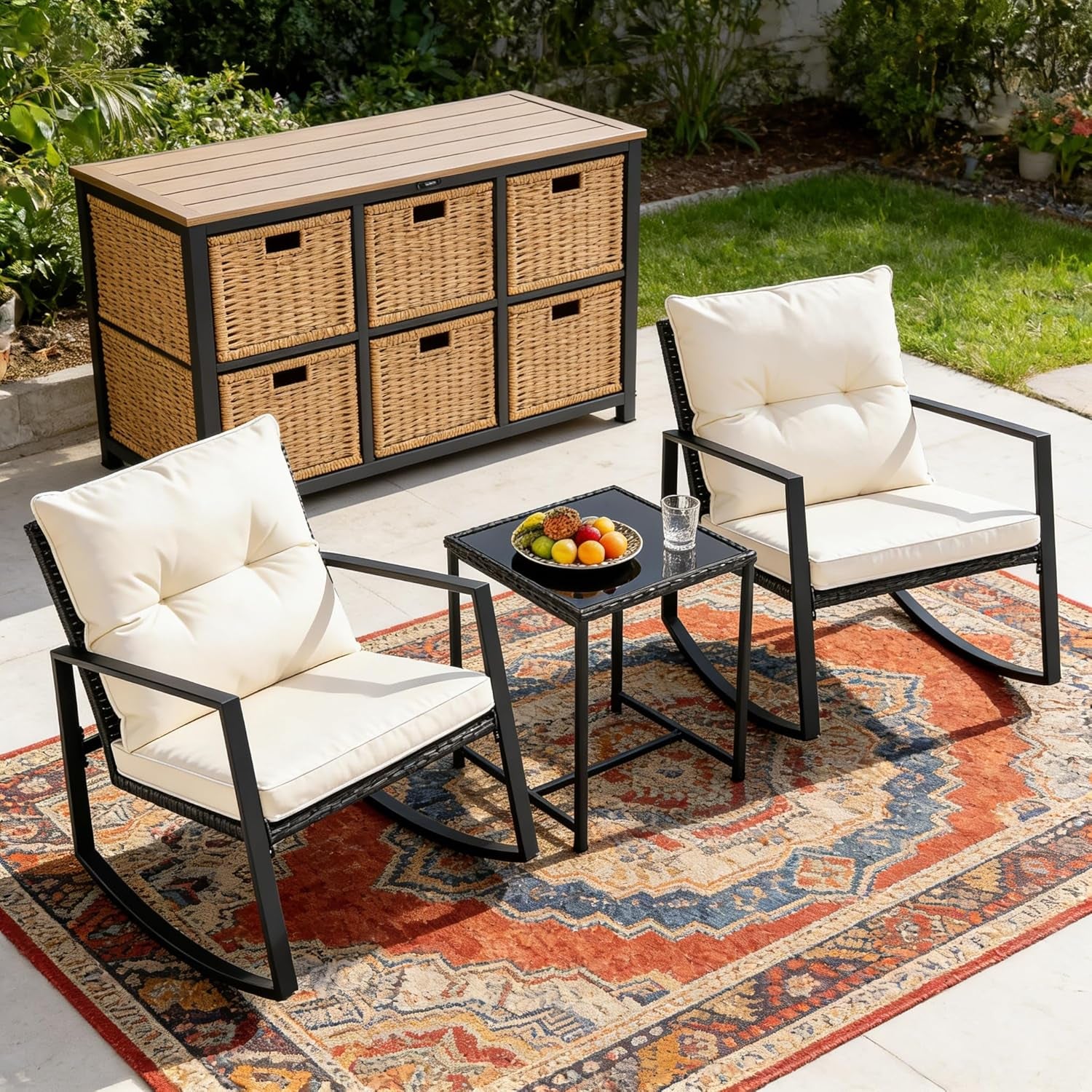 3 Piece Outdoor Rocking Bistro Set Black Wicker Furniture Porch Chairs Conversation Sets with Glass Coffee Table, Beige