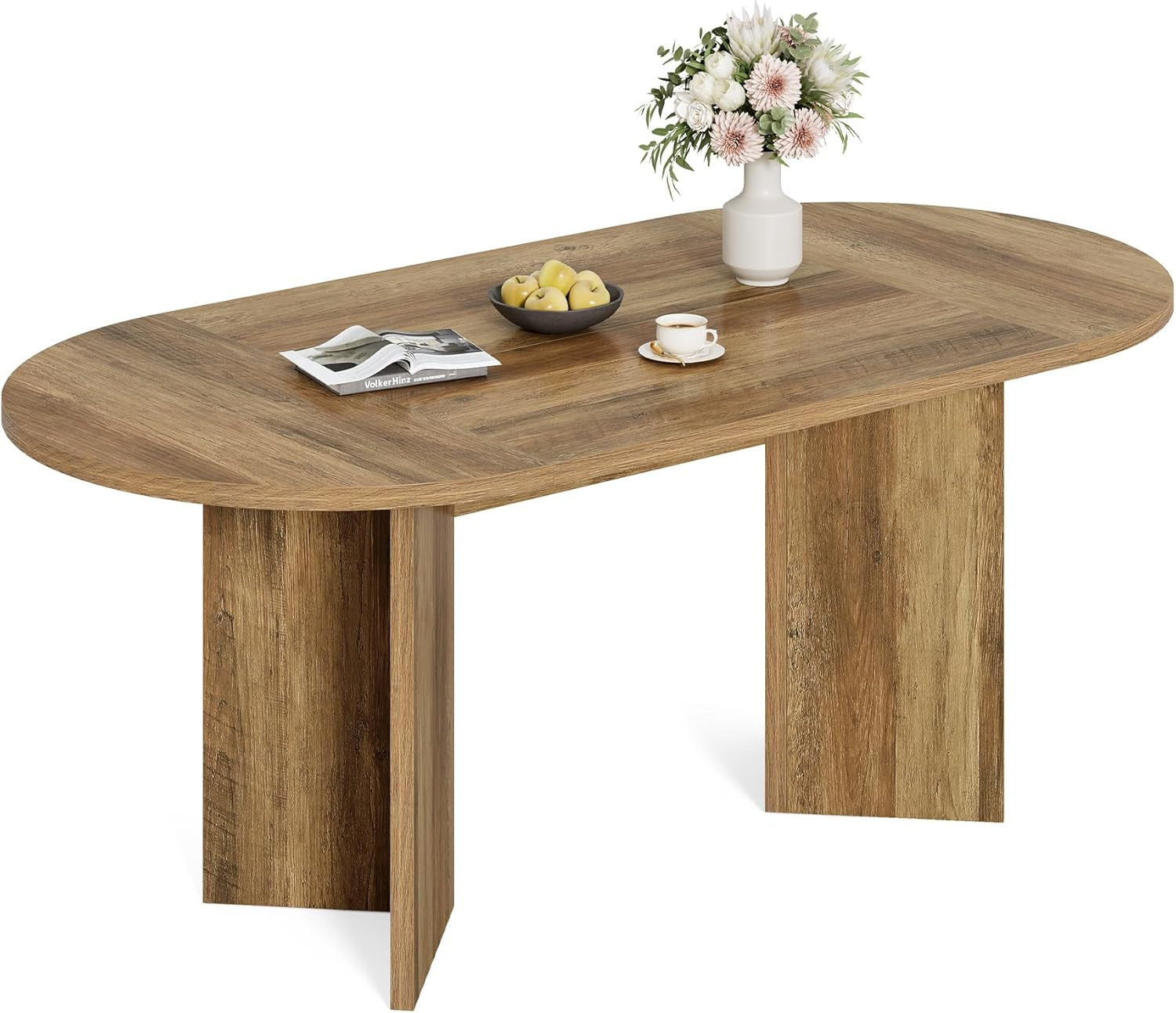 63" Rustic Oval Dining Table for 4-6, Sturdy MDF Farmhouse Kitchen Table with Metal Strip Base, for Living Room, Office, Restaurant, Multi-Use, Umber