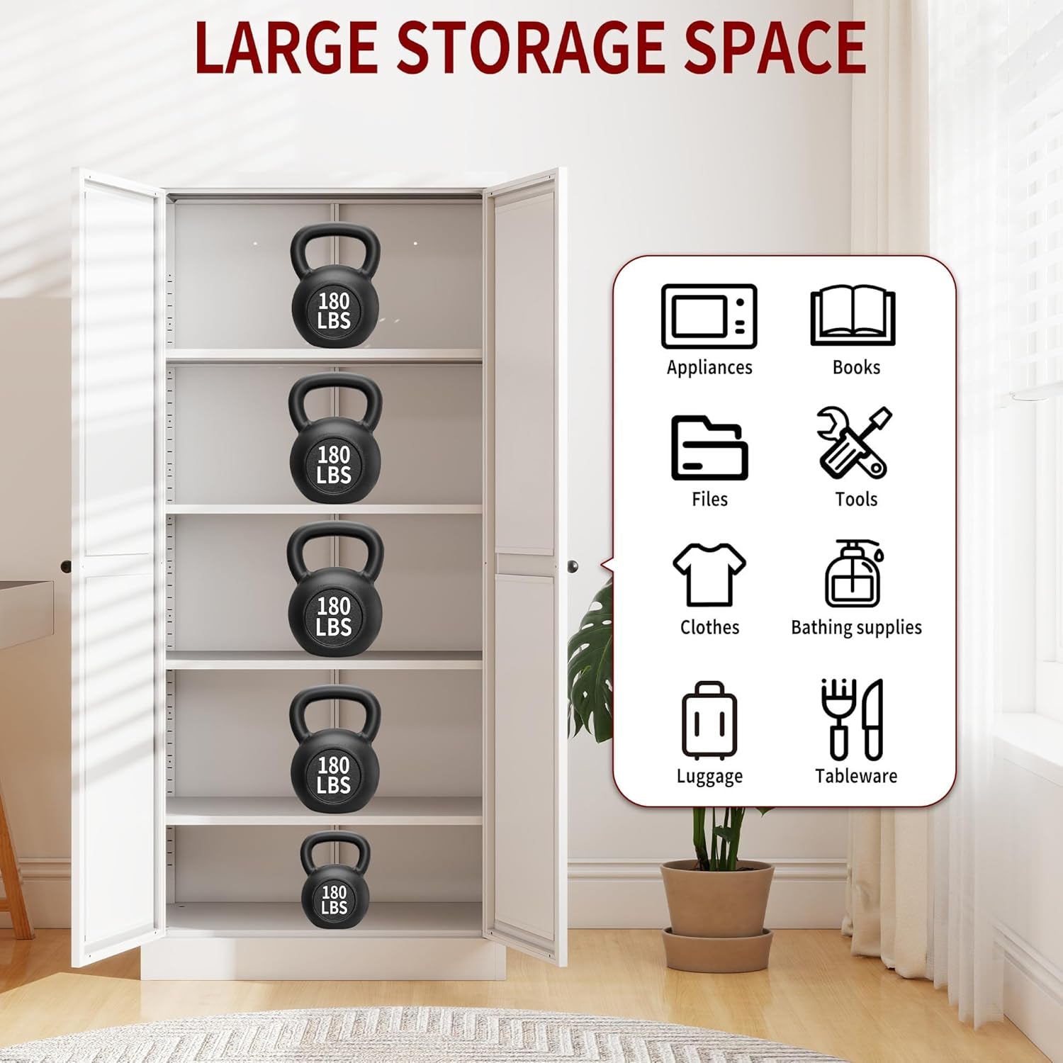 Kitchen Pantry Cabinet,61" White Pantry Storage Cabinet with 4 Tier Adjustable Shelves and 2 Doors,Freestanding Cupboard,Metal Pantry Cabinets with Handle for Living Room Kitchen Assembly Required