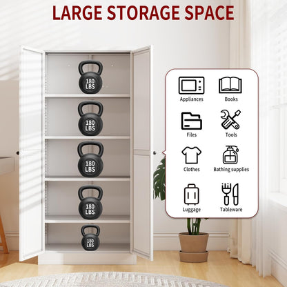 Kitchen Pantry Cabinet,61" White Pantry Storage Cabinet with 4 Tier Adjustable Shelves and 2 Doors,Freestanding Cupboard,Metal Pantry Cabinets with Handle for Living Room Kitchen Assembly Required
