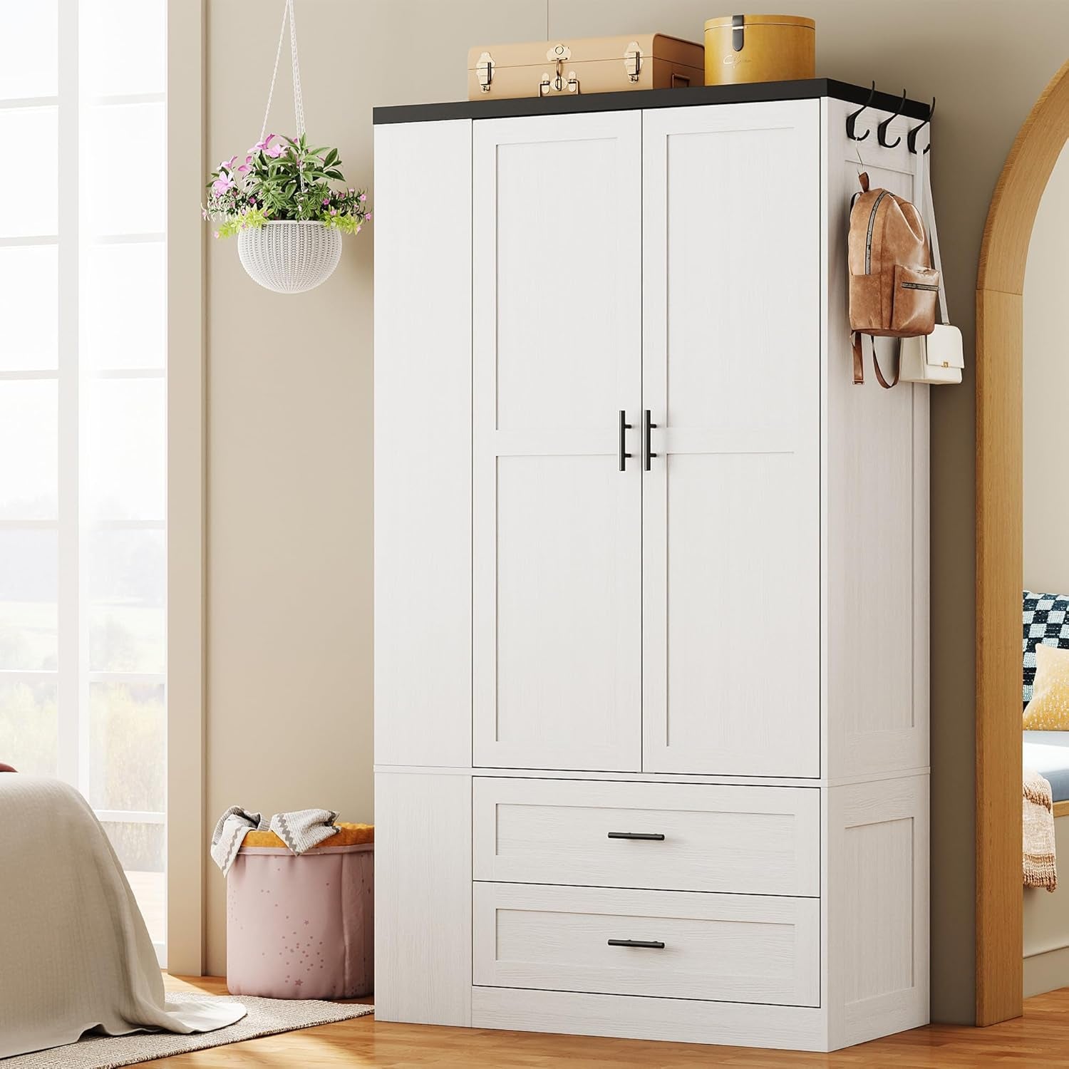 Armoire Wardrobe Closet with Large Mirror, Storage Cabinet with 2 Doors and 2 Drawers, 2 Storage Shelves, 70" Wardrobe Cabinet for Bedroom,White