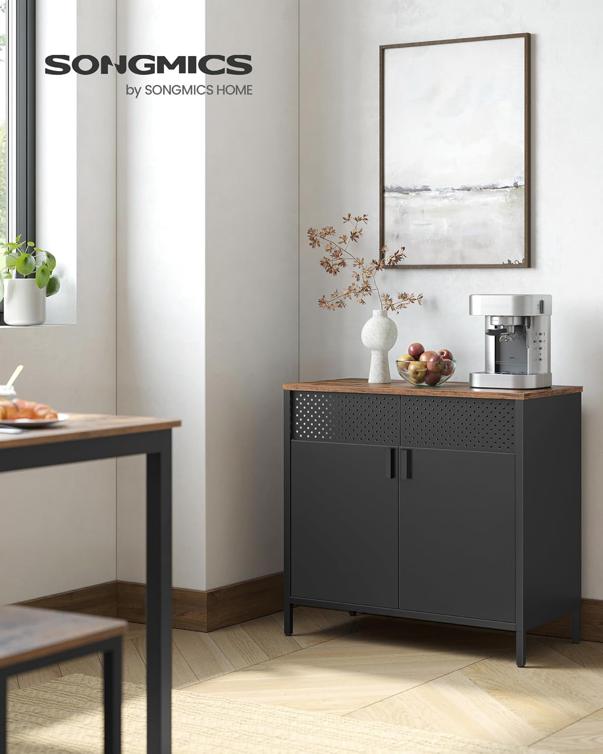 Storage Cabinet, Metal Cabinet, Sideboard with 2 Doors, 15.7 X 31.5 X 29.9 Inches, Magnetic Closure, Adjustable Shelf, Steel Frame, Rustic Brown and Black ULSC102B01