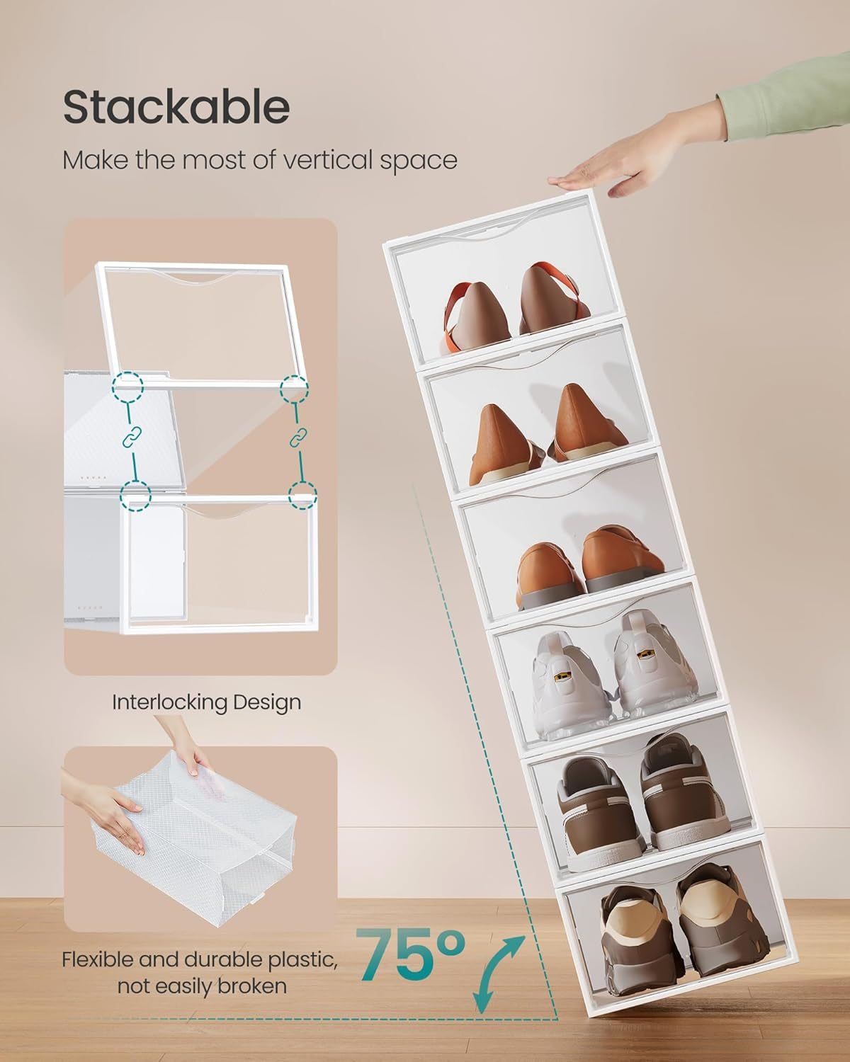 Stackable Shoe Boxes, Set of 12 Plastic Shoe Organizers with Door, Transparent, Easy Assembly, 9.1 X 13.1 X 5.6 Inches, for Shoes up to US Size 10, Transparent and Cloud White ULSP312W01