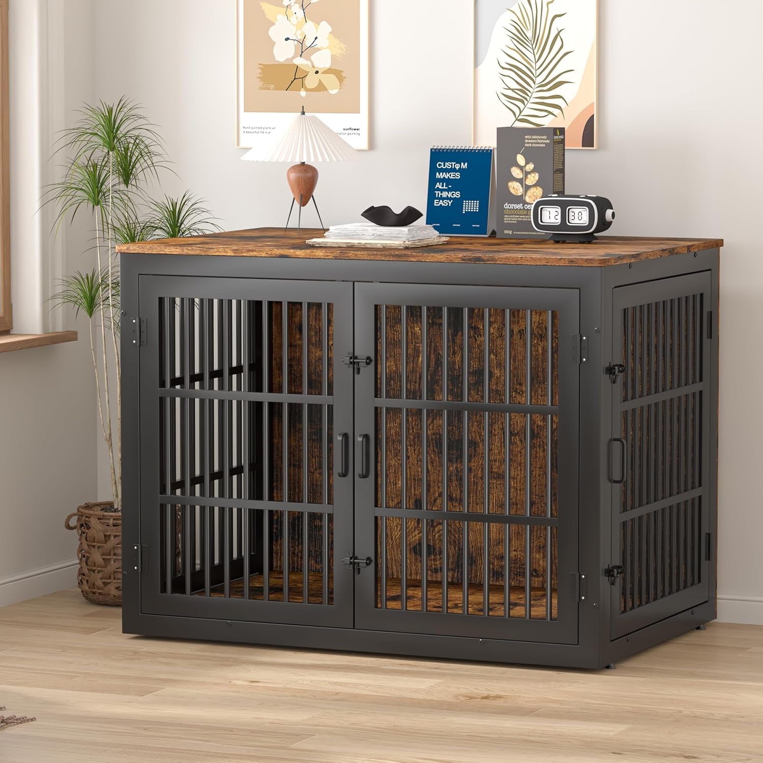 Heavy Duty Dog Crate Furniture for Xlarge Dog, 48''XL Dog Kennel Indoor Furniture,Indestructible Metal Crate with Double-Doors, Dog Crate End Table, Chew-Resistant