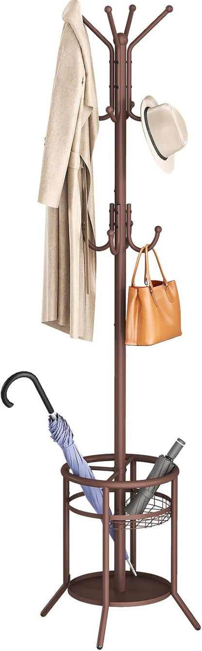 Coat Rack Freestanding, Metal Coat Rack Stand with Umbrella Holder, Modern Coat Tree with 12 Hooks, Floor Standing Corner Hall Tree for Entryway Living Room Bedroom Office, Brown