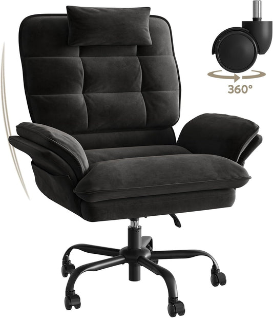 Cross Legged Office Chair, Criss Cross Chair with Adjustable Arms, 135° Reclining Velet Executive Chair with Wheels, Big and Tall Computer Desk Chair for Home, Office - Black