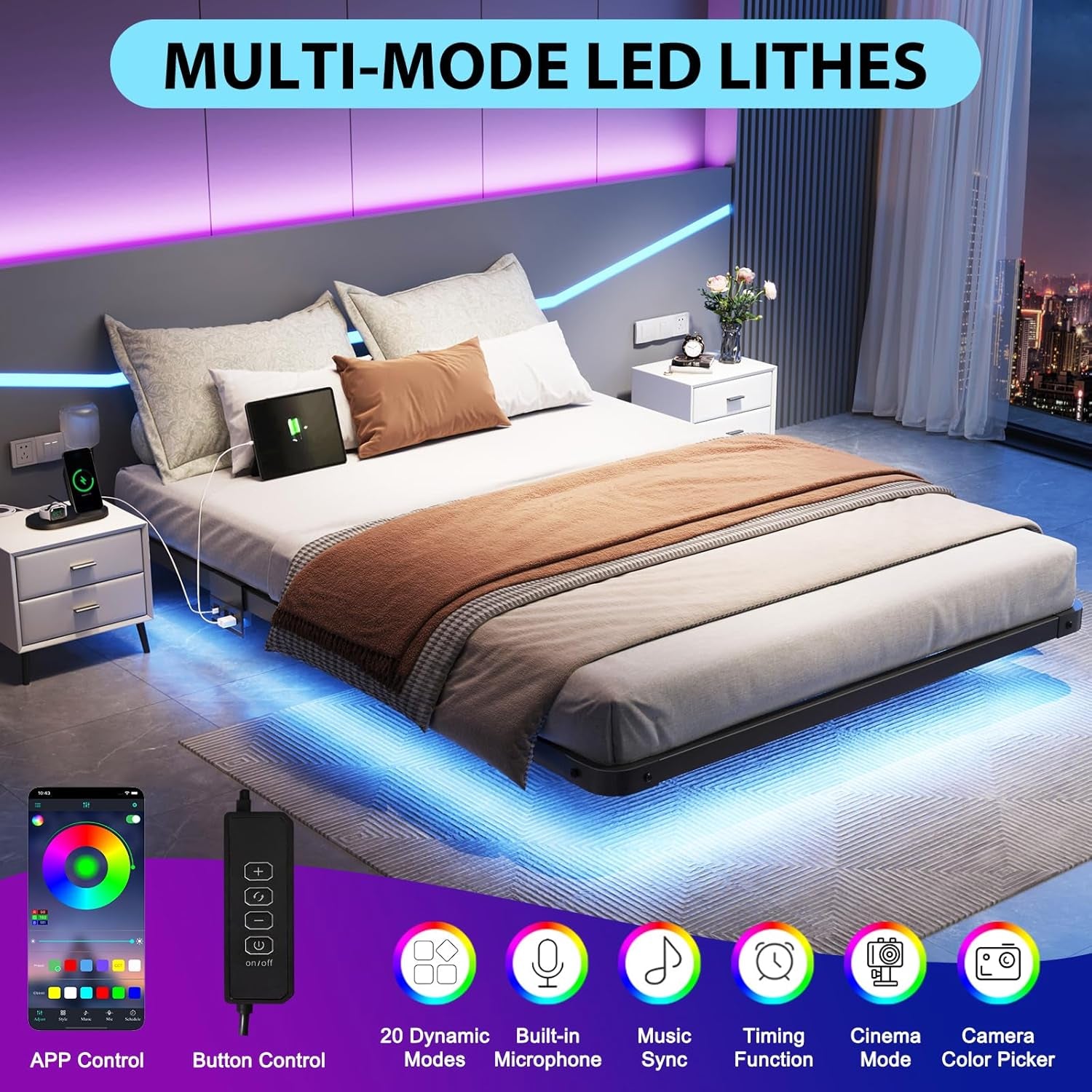 Full Size Floating Bed Frame with Charging Station, Modern Metal Platform Bed Frame with LED Light, Easy Assembly, Black