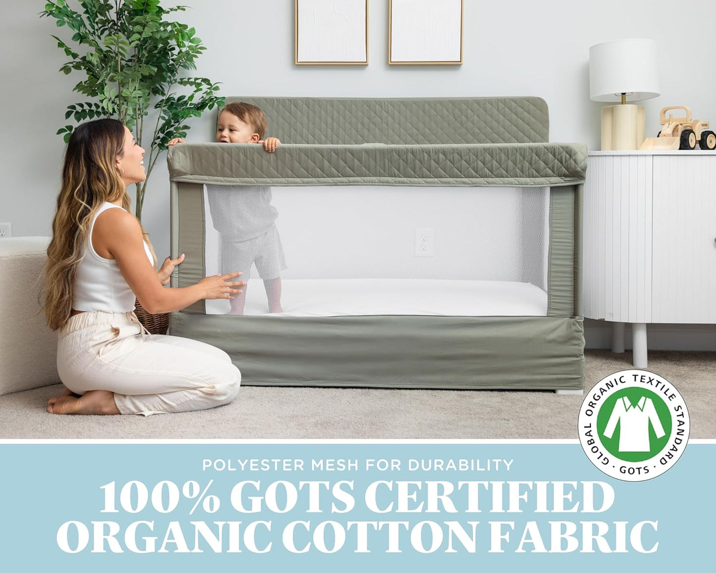 Lunaire Full Size Crib | Breathable Mesh Baby Crib | Tool-Free Assembly Baby Bed | 100% GOTS Certified Organic Cotton Fabric | Organic Sage