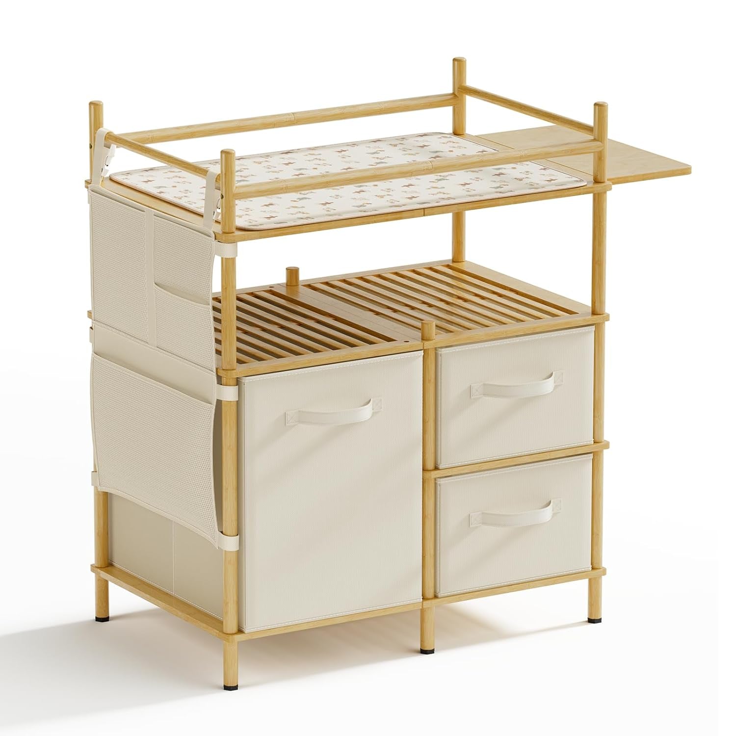 Baby Changing Table, Bamboo Diaper Changing Station with 3 Removable Storage Drawers, Baby Dresser Table with Flat Top, Large Storage Nursery Organizer Shelves with Pad, Mesh Pocket