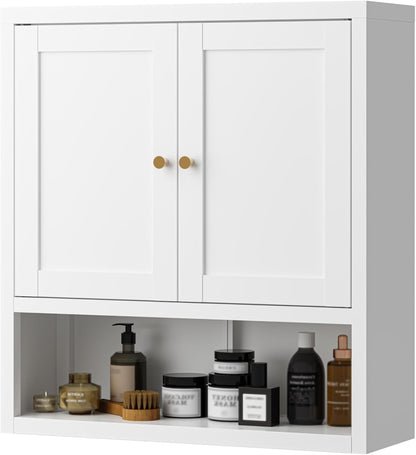 Metal Bathroom Storage Cabinet, Freestanding Pantry Floor Cabinet with 4 Doors and 2 Adjustable Shelves for Living Room, Dining Room, Kitchen (White, 43.3" H-4 Doors)
