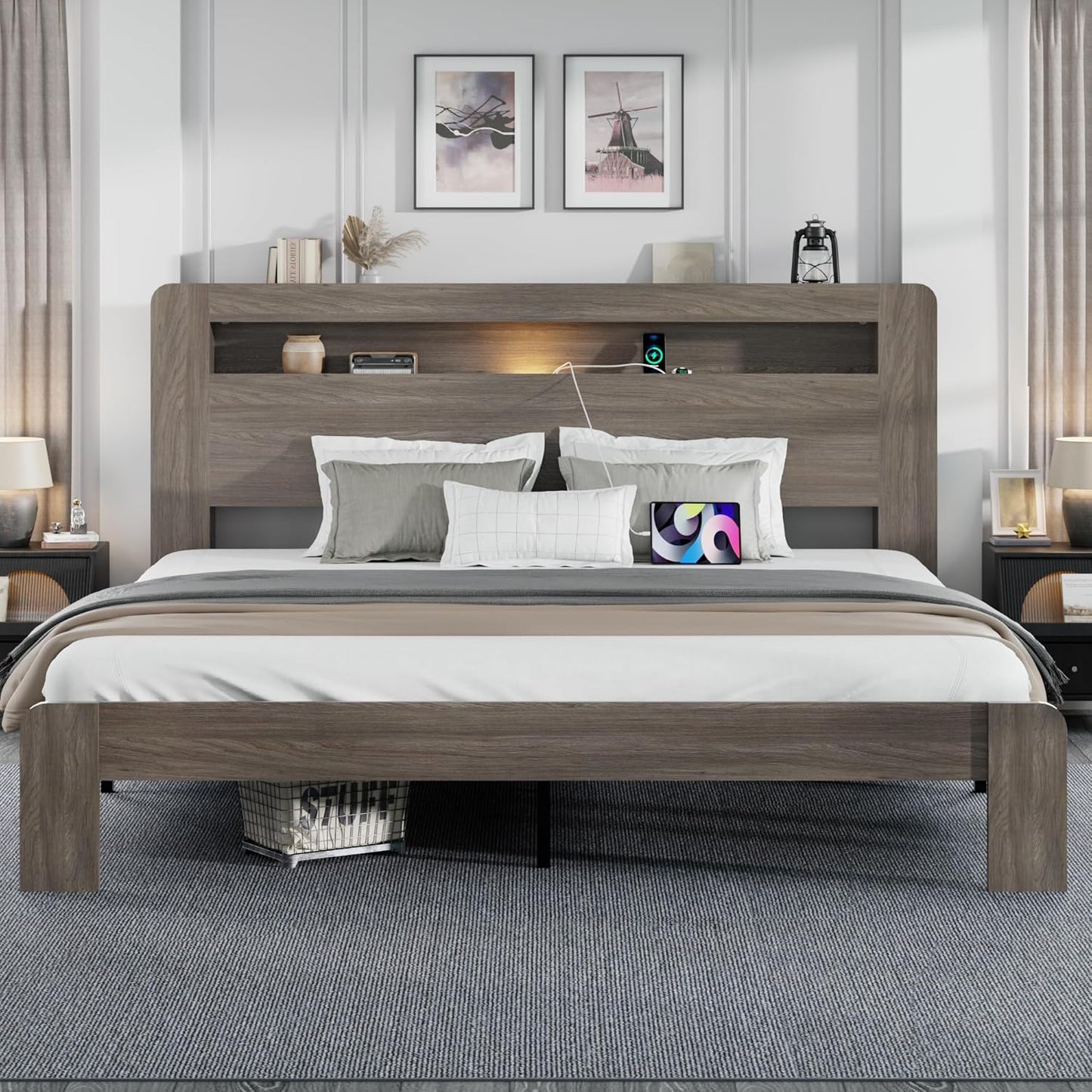 King Size Wooden Bed Frame with Bookcace Storage Headboard, Rustic Farmhouse Bedframe with LED Lights and Charging Station, Sturdy and Stable, Slat Support, No Box Spring Required (Light Brown, King)