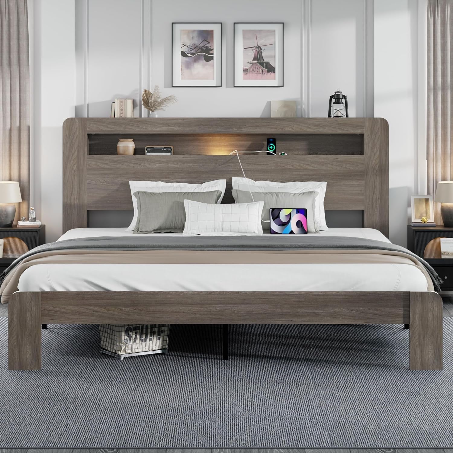 King Size Wooden Bed Frame with Bookcace Storage Headboard, Rustic Farmhouse Bedframe with LED Lights and Charging Station, Sturdy and Stable, Slat Support, No Box Spring Required (Light Brown, King)