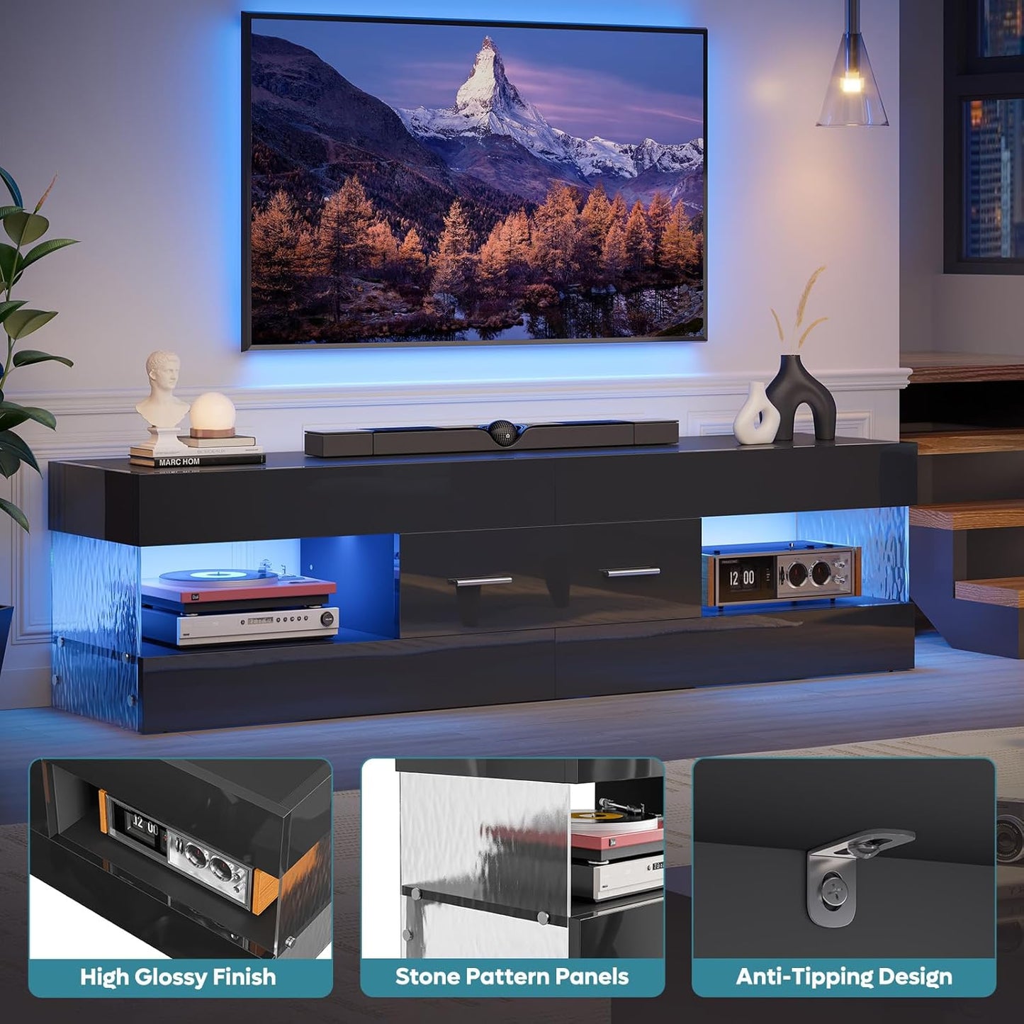 Black TV Stand for 55/60/65 Inch TV, High Gloss Modern TV Stand with Stone-Patterned Side Panels, LED Entertainment Center with Large Drawer, TV Consoles for Living Room, Bedroom