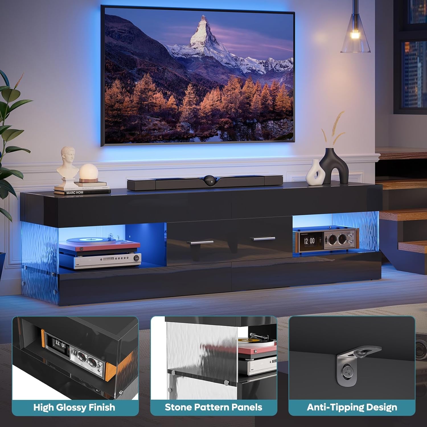 Black TV Stand for 55/60/65 Inch TV, High Gloss Modern TV Stand with Stone-Patterned Side Panels, LED Entertainment Center with Large Drawer, TV Consoles for Living Room, Bedroom