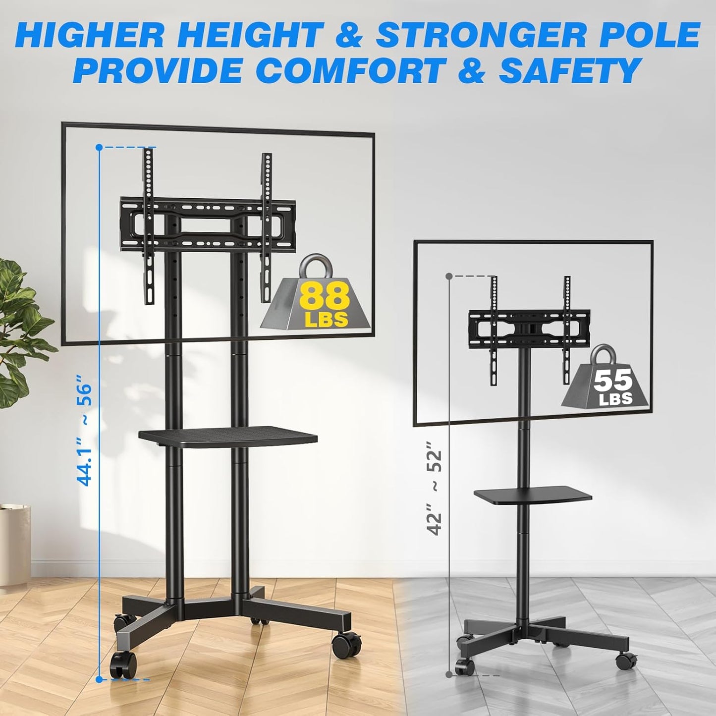 Rolling TV Stand with Laptop Shelf, Mobile TV Stand with Upgraded Wheels for 32-75 Inch Tvs, Height Adjustable Mobile TV Cart up to 88Lbs, Portable TV Mount Stand for Outdoor, Home, Office