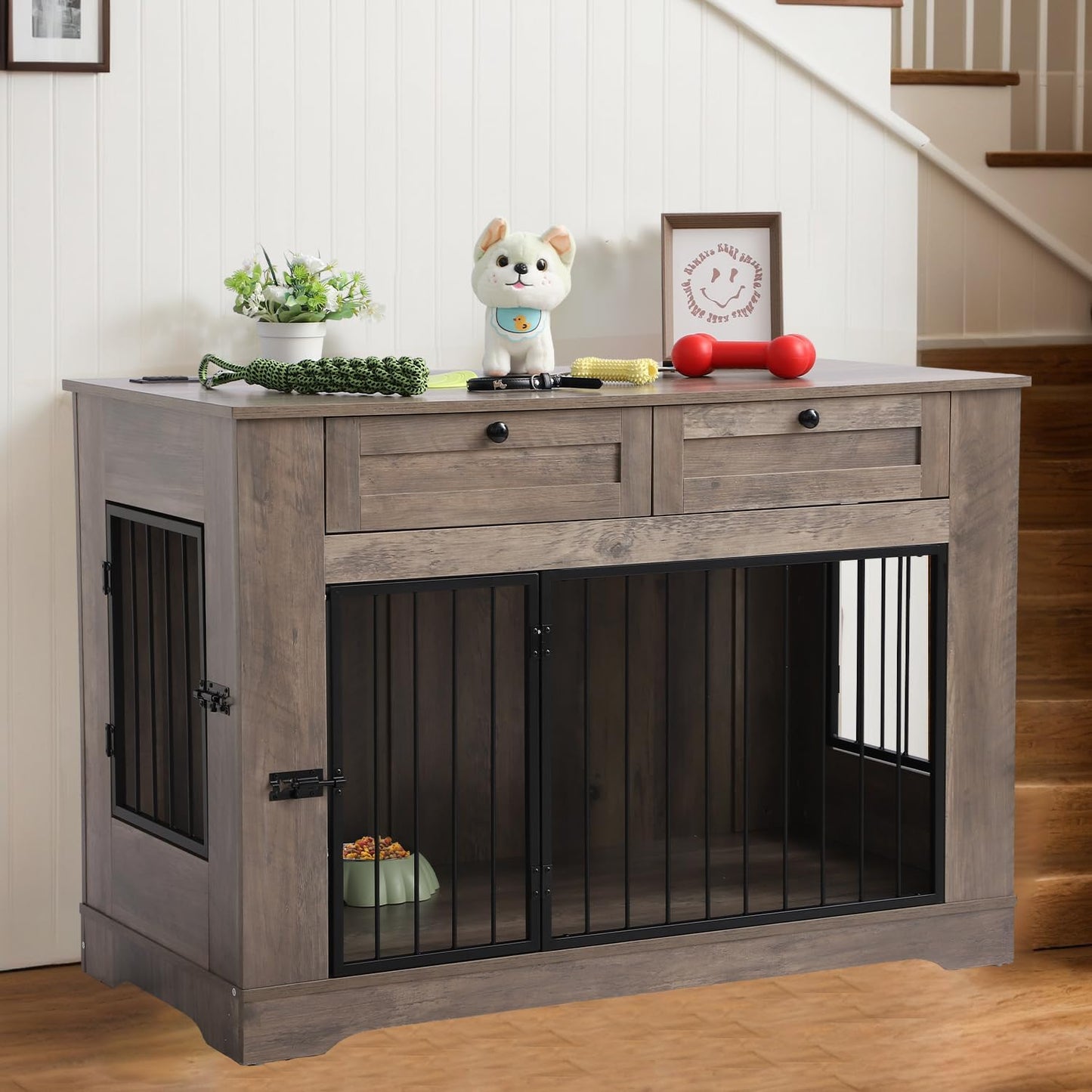 Large Dog Crate Furniture-Decorative Heavy Duty Dog Cage Indoor, Wooden Dog Cage End Table with Charging Station, Dog House with 2 Drawers (Gray, 47.2''L)