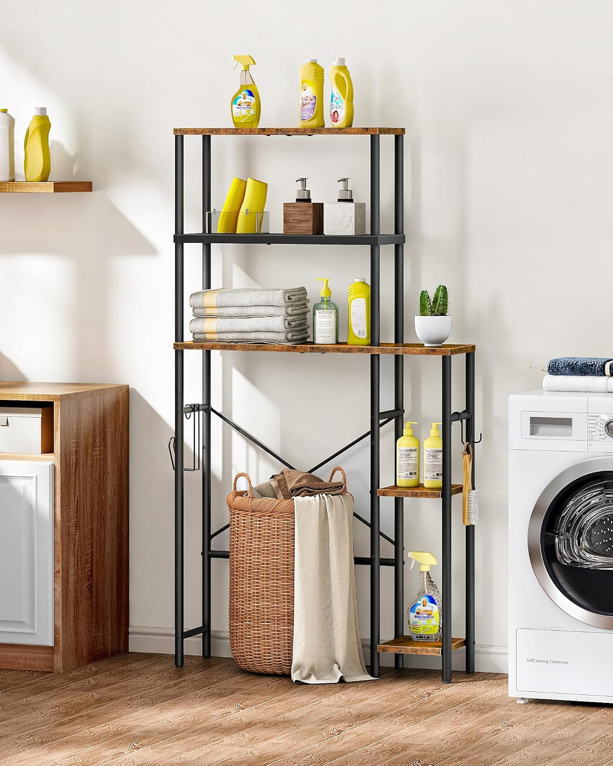 Over the Toilet Storage, 6-Tier Bathroom Organizer Shelf, Over-Toilet Storage Cabinet with Toilet Paper Hook, Space Saving, for Bathroom, Laundry, Entryway, Rustic Brown and Black TTS02BF