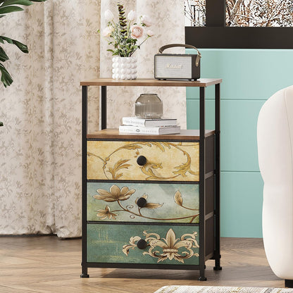 Nightstand with 3 Fabric Drawers Retro End Table with Storage Shelf Vintage Side Table for Bedroom Living Room Sofa beside Farmhouse